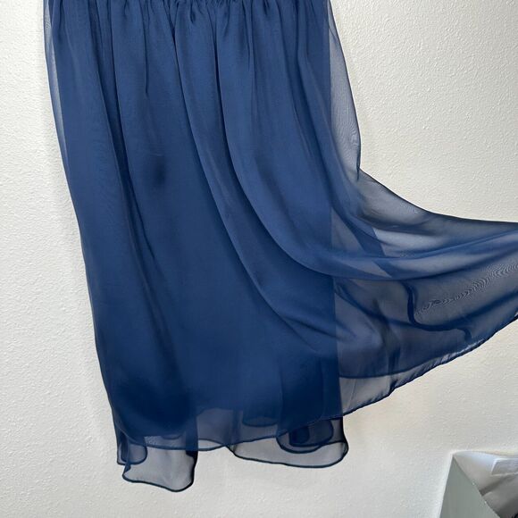 Hitherto Daylily Navy Sheer Shoulder Sleeveless Dress Ruched Side & Back Waist 0 - Picture 5 of 16